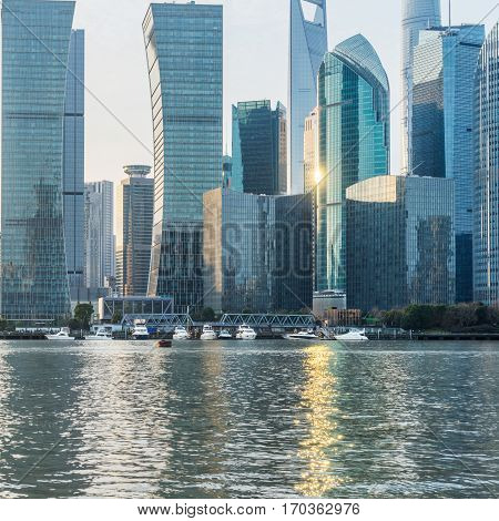 landmarks of Shanghai with Huangpu river in China.