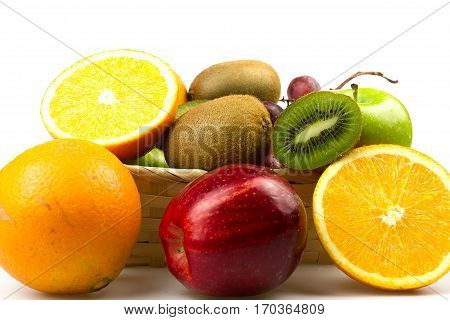 Mix fruit in basket on white back ground and isolated