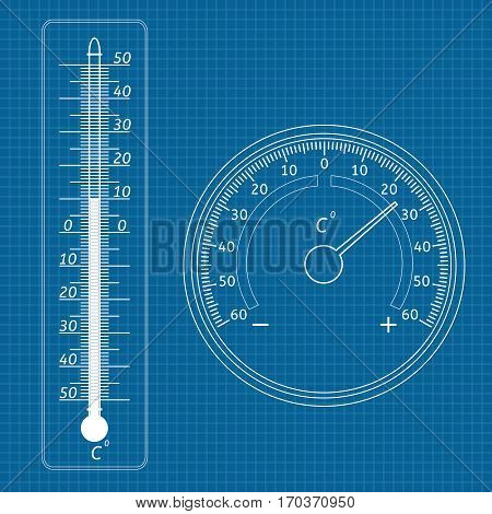Thermometer icon. Vertical and round. Vector illustration on blueprint background