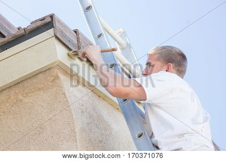 Professional Painter Using A Small Roller to Paint House Fascia.