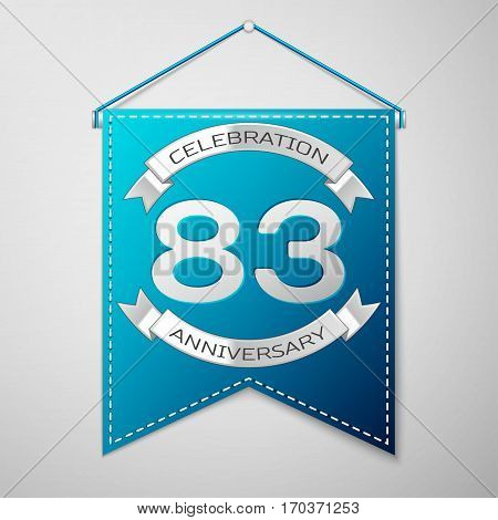 Blue pennant with inscription Eighty three Years Anniversary Celebration Design over a grey background. Silver ribbon. Colorful template elements for your birthday party. Vector illustration