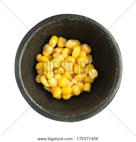 Cooked Corn Kernels Heap In Black Iron Bowl