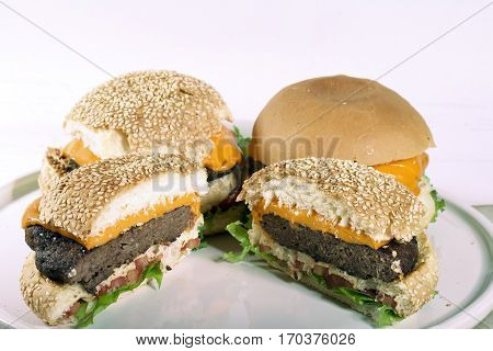 cheese salad hamburger split in half food