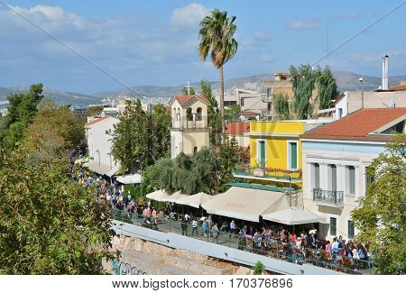 ATHENS, GREECE - OCTOBER 19: Adrianou Street in the Monastiraki old district a nice touristic place next to Ancient Agora ruins OCTOBER 19, 2014 in Athens, Greece