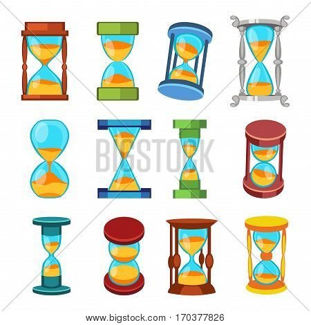 Sandglass icon time flat design history second old object. Vector illustration sand clock hourglass timer hour minute watch countdown flow measure.