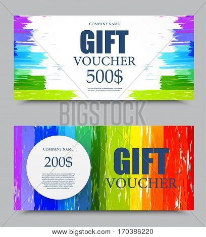 Gift company voucher template on five and two hundred dollars with gray paper circle and rainbow colorful grunge pattern. Vector illustration