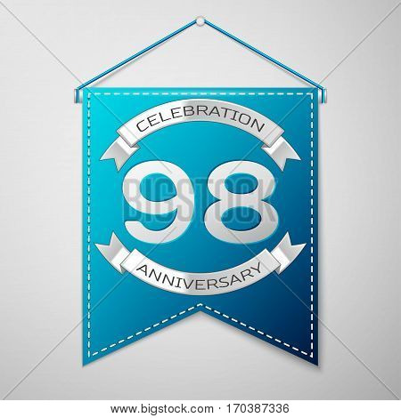 Blue pennant with inscription Ninety eight Years Anniversary Celebration Design over a grey background. Silver ribbon. Colorful template elements for your birthday party. Vector illustration