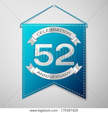 Blue pennant with inscription Fifty two Years Anniversary Celebration Design over a grey background. Silver ribbon. Colorful template elements for your birthday party. Vector illustration