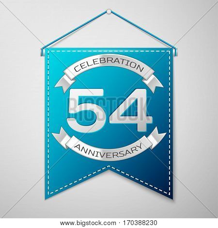 Blue pennant with inscription Fifty four Years Anniversary Celebration Design over a grey background. Silver ribbon. Colorful template elements for your birthday party. Vector illustration