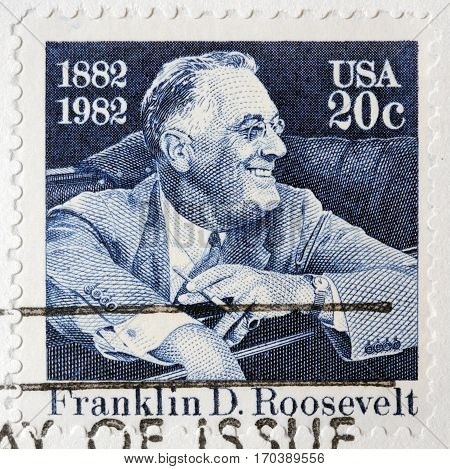 LUGA RUSSIA - FEBRUARY 9 2017: A stamp printed by USA shows Franklin Delano Roosevelt American statesman political leader and 32nd President of the United States circa 1982