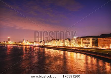 Night city landscape Dyusildorf. Media harbor. Germany