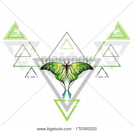 Geometric symmetrical pattern with gray and green triangle decorated with green exotic butterfly on a white background. Tattoo style. Greenery. Trendy color.