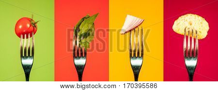 Tomato basil onion bread on fork arranged in a line