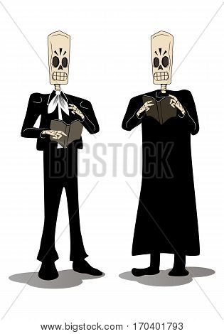 illustration of two hideous skeleton face grimace holding death book on isolated white background