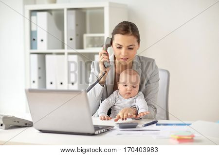 business, motherhood, multi-tasking, family and people concept - businesswoman with baby calling on phone and counting on calculator at office