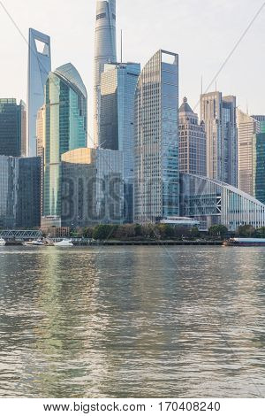 landmarks of Shanghai with Huangpu river in China.