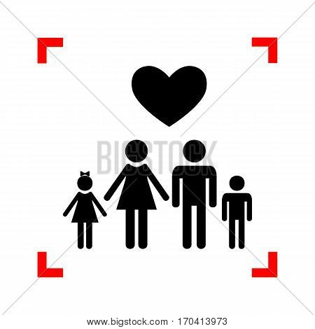 Family symbol with heart. Husband and wife are kept children's hands. Love. Black icon in focus corners on white background. Isolated.
