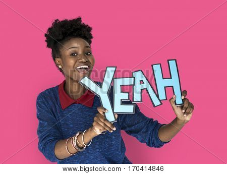 Smiling African Woman Holding Yeah Word