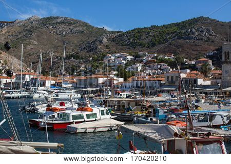 Boat Marina on the Hydra island, Aegean sea, Greece.