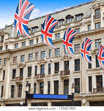 London UK flags in Oxford Street W1 Westminster England