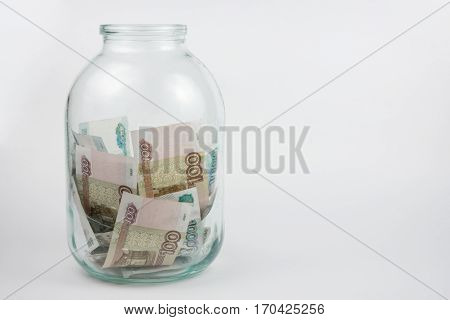 Three-liter Jar With Russian Rubles Next Blank Space For Writing