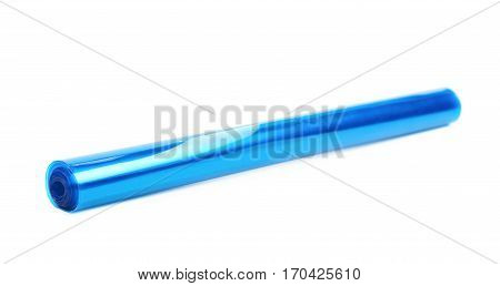 Roll tube of transparent blue plastic film coating isolated over the white background