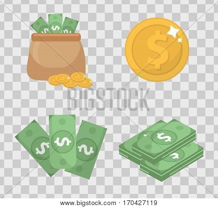 Money and coin set  icons flat style, isolated on transparent background. Vector illustration
