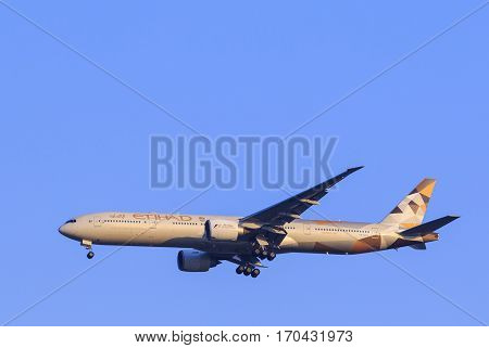 BANGKOK THAILAND - FEBUARY 11 : etihad airline plane arriving and approadching to landing to savarnabhumi airport on febuary 11 2017 in bangkok thailand