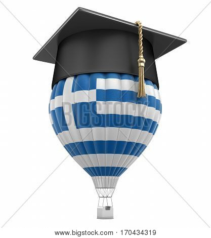 3D Illustration. Hot Air Balloon with Greek Flag and Graduation cap. Image with clipping path