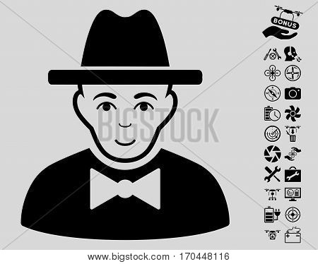 Spy pictograph with bonus drone tools icon set. Vector illustration style is flat iconic black symbols on light gray background.