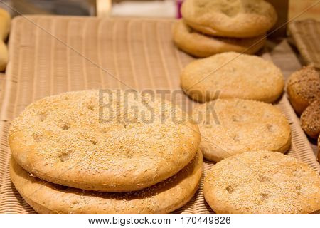 Different types of bread on the shelves
