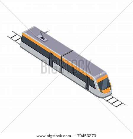 Subway train isolated on white. Vehicles designed to carry large numbers of passengers. High speed inter-city commuter train. Public electric transport. Part of series of city isometric. Vector