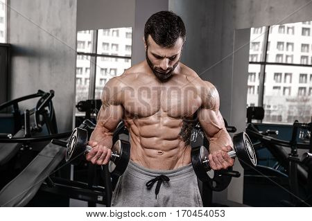 Handsome Fitness Model Train In The Gym Gain Muscle.