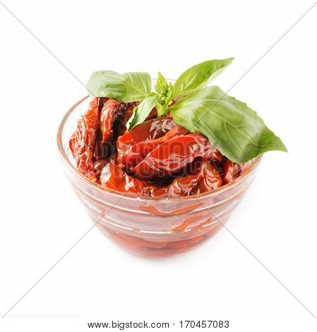 Italian appetizer - sundried tomato in bowl on the white background.