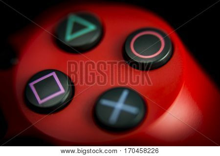 VALENCIA, SPAIN - FEBRUARY 3: Close up macro view from Dualshock 4 wireless controller for playstation 4 magma red on February 3, 2017 in Valencia, Spain