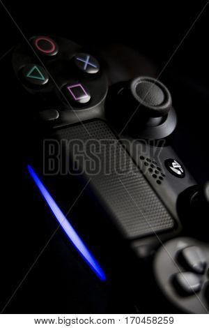 VALENCIA, SPAIN - FEBRUARY 3: Close up macro view from Dualshock 4 wireless controller for playstation 4 on February 3, 2017 in Valencia, Spain