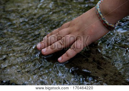 A child's hand touches the water surface of a stream