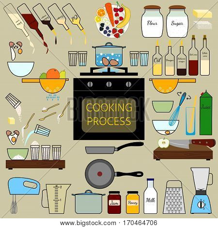 Kitchenware set.Cooking process set. Isolated vector illustration on white background.
