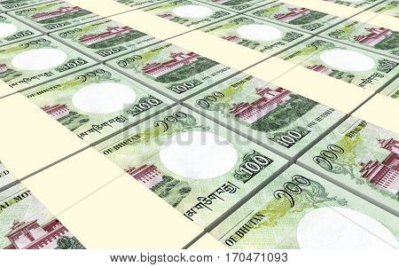 Bhutanese ngultrum bills stacks background. 3D illustration.