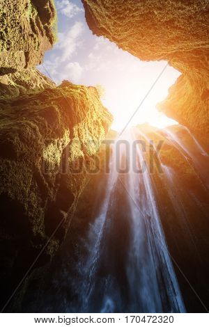 Unique Gljufrabui waterfall in cave, Iceland, Europe.