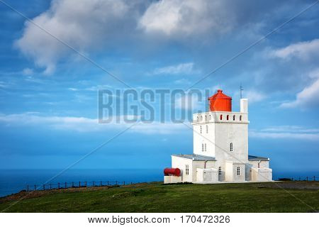 White lighthouse at Cape Dyrholaey, Iceland.