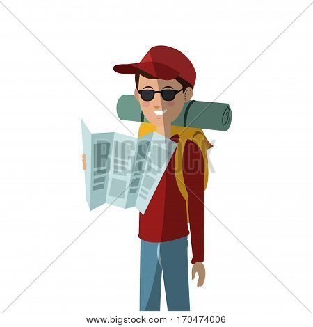 traveler man with backpack over white background. colorful design. people traveling concept. vector illustration