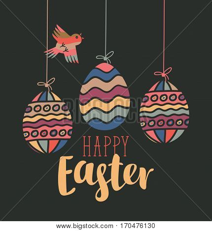 vector greeting card with Easter eggs and bird cut from paper