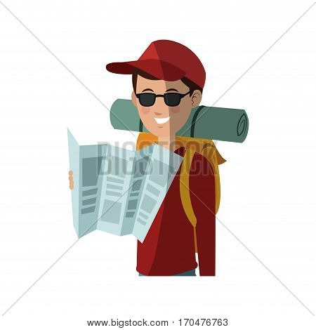 traveler man with backpack over white background. colorful design. people traveling concept. vector illustration