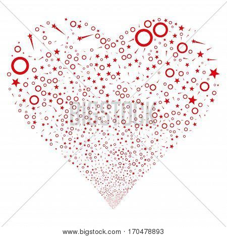 Confetti Stars fireworks with heart shape. Vector illustration style is flat red iconic symbols on a white background. Object valentine heart combined from scattered pictograms.