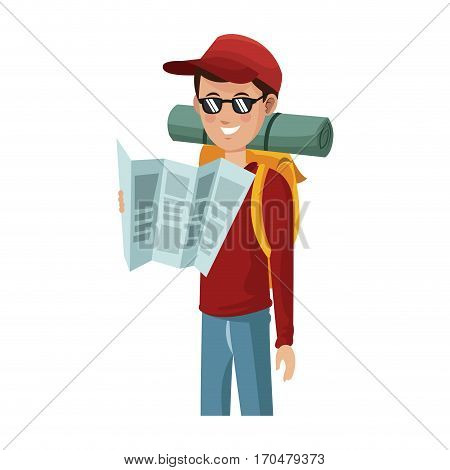 traveler man with backpack over white background. colorful design. people traveling concept. vector illustration