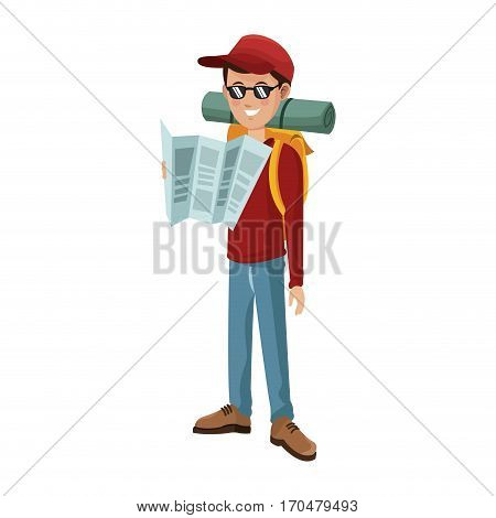 traveler man with backpack over white background. colorful design. people traveling concept. vector illustration
