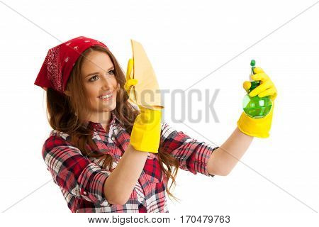 Happy Young Woman Cleaning Windows Isolated Over White Vackground