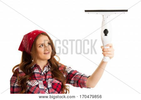 Happy Young Woman Cleaning Windows Isolated Over White Vackground