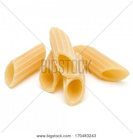 Italian pasta isolated on white background. Pennoni. Penne rigate.